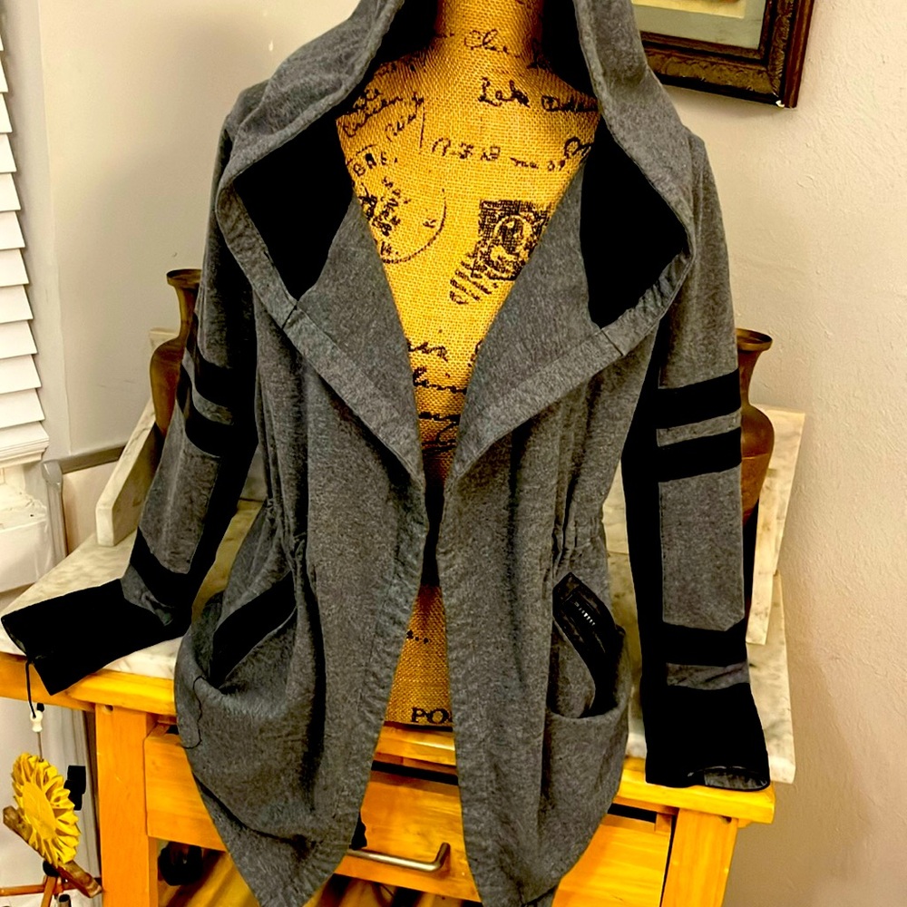 Gorgeous Blanc Noir Faux Leather With Hooded Jacket With Sleeve Holes SzM!!